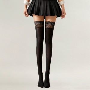 Anna-Kaci Women's 2-Piece Set Thigh High Stockings with Lace Top Detail - Black - 1 of 4