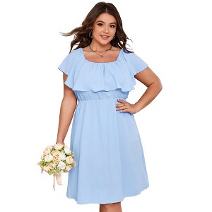Plus Size Square Neck Summer Dress Women Ruffle Off Shoulder Casual Dress Boho A Line Beach Sundress Light Blue 4XL - 1 of 4