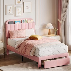 Twin Upholstered Bed Frame with Storage Drawers and Bookcase Headboard, Velvet Platform Bed for Kids/Girls/Boys - 1 of 4