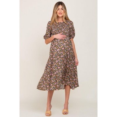 PinkBlush Multi-Color Floral Smocked Tiered Maternity Midi Dress
