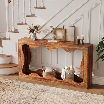 63" Narrow Farmhouse Console Table w/ Storage - Brown Wood Industrial Sofa Table for Entryway, Hallway, Foyer & Living Room