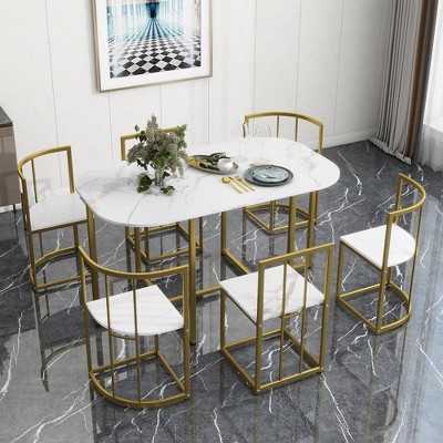 33.27"Modern 7-Piece Dining Table Set with Faux Marble Compact 55Inch Kitchen Table Set for 6