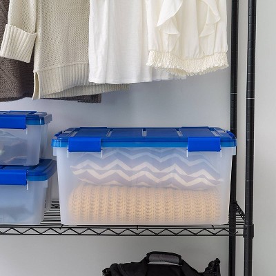 60 Quart Clear Plastic Storage Bins with Blue Lids, Set of 4
