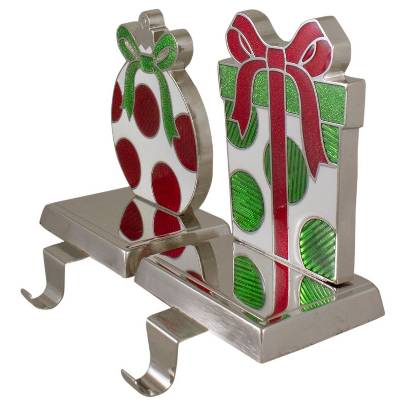 Northlight Set of 2 Green, Red, and Silver Gift Box Christmas Stocking Holder, 3 of 5