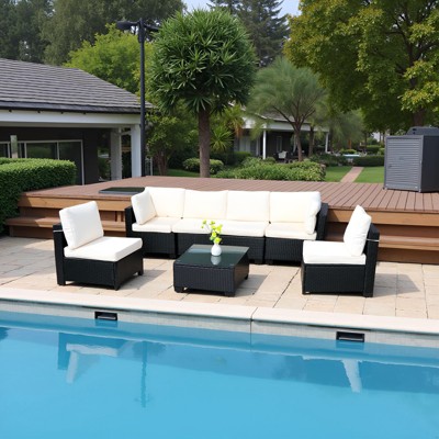 FIONECA 7-Piece Outdoor PE Rattan Sofa Set with Beige Cushions, Sectional Sofa, Chairs & Coffee Table for Patio, Garden & Backyard