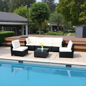 FIONECA 7-Piece Outdoor PE Rattan Sofa Set with Beige Cushions, Sectional Sofa, Chairs & Coffee Table for Patio, Garden & Backyard - 1 of 4