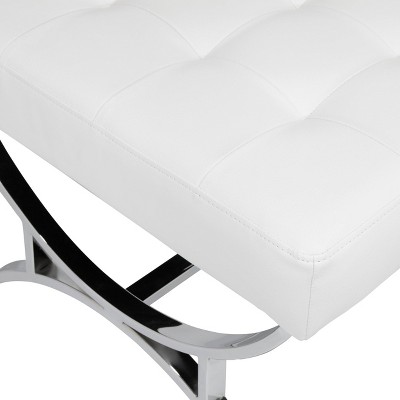 White Tufted Bonded Leather Ottoman with Chrome Frame