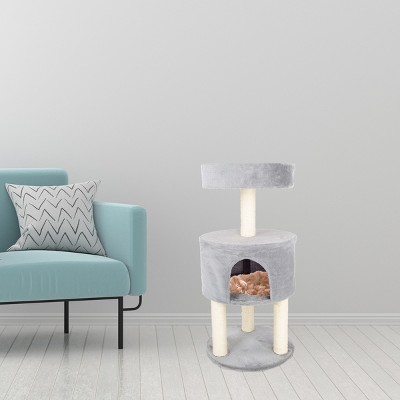 Gray Sisal Rope Cat Condo with Overhead Balcony