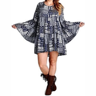 Women's Multi-Pattern Bell Sleeve Dress - Velzera