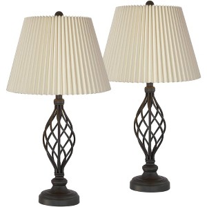 Franklin Iron Works Annie Modern Industrial Table Lamps 28" Tall Set of 2 Iron Bronze Ivory Linen Shades for Bedroom Living Room Bedside Nightstand - 1 of 4