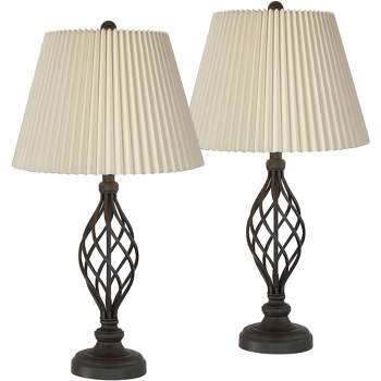 Franklin Iron Works Annie Modern Industrial Table Lamps 28" Tall Set of 2 Iron Bronze Ivory Linen Shades for Bedroom Living Room Bedside Nightstand