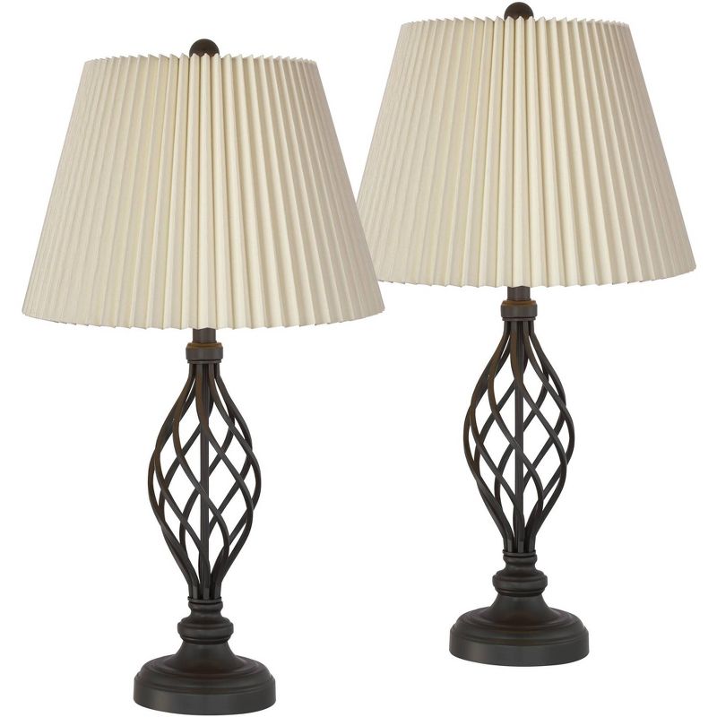 Franklin Iron Works Annie Modern Industrial Table Lamps 28" Tall Set of 2 Iron Bronze Ivory Linen Shades for Bedroom Living Room Bedside Nightstand, 1 of 6