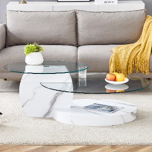 Lyngins Oval Tempered Glass Coffee Table, Contemporary Artistic Double Layer Tea Table with Anti-Slip Pads, Ideal Center Table & Living Room Table - 1 of 4
