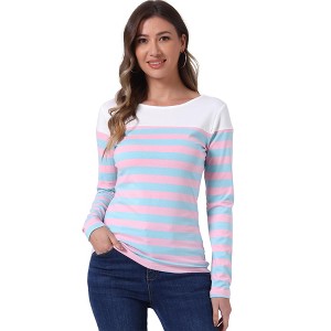 INSPIRE CHIC Women's Color Block Round Neck Long Sleeves Striped Basic T-Shirt - 1 of 4
