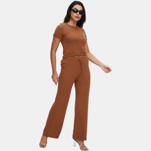 Knit & Lounge Women’s Two-Piece Knit Lounge Set Short Sleeve Top Matching Wide Leg Drawstring Pants - 1 of 4
