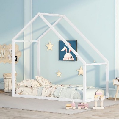 YOOCOZZ Kids' Twin Size House-Shaped Metal Bed Frame with Roof Design - White