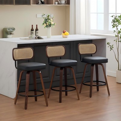 INFURNIC 3PCS Counter and Bar Stools Swivel Cane Back Rattan Barstools with Upholstered Seat for Kitchen Island, Black, 22.04"*16.93"*35.43"