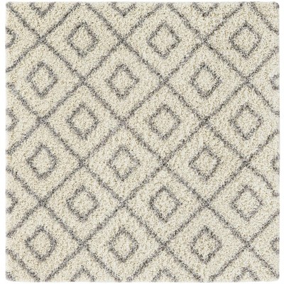 Ivory and Gray Square Trellis Shag Synthetic Area Rug