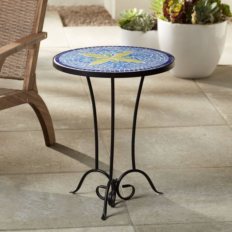 Teal Island Designs Rustic Black Round Outdoor Accent Side Table 17 1/2" Wide Blue Yellow Mosaic Tabletop for Front Porch Patio Home House, 2 of 8