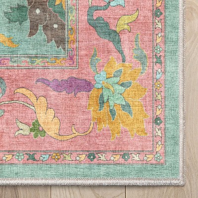 Apollo Botanical Birds Green Multi Synthetic Washable Area Rug, 9'10" x 13'