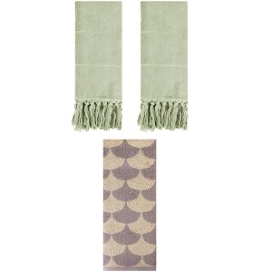 REGALWOVEN 3 Packs Geometric and Solid Absorbent Soft Cotton Hand Towel Set - 1 of 4