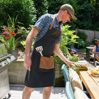 Black Canvas Cooking Apron with Faux Leather Straps and Pocket