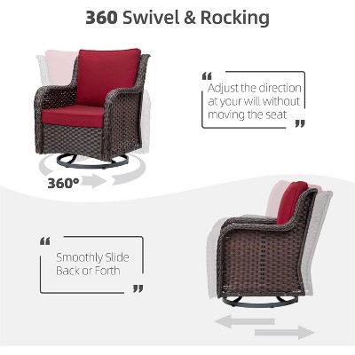 Red Wicker Swivel Rocker Patio Set with Glass Table