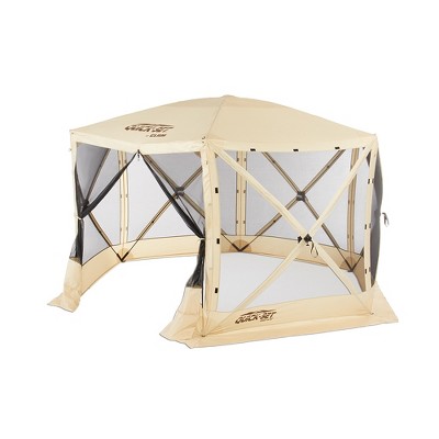 CLAM Quick-Set Escape 11.5 x 11.5 Foot Portable Pop-Up Outdoor Camping Gazebo Screen Tent 6 Sided Canopy Shelter with Ground Stakes & Carry Bag, Tan