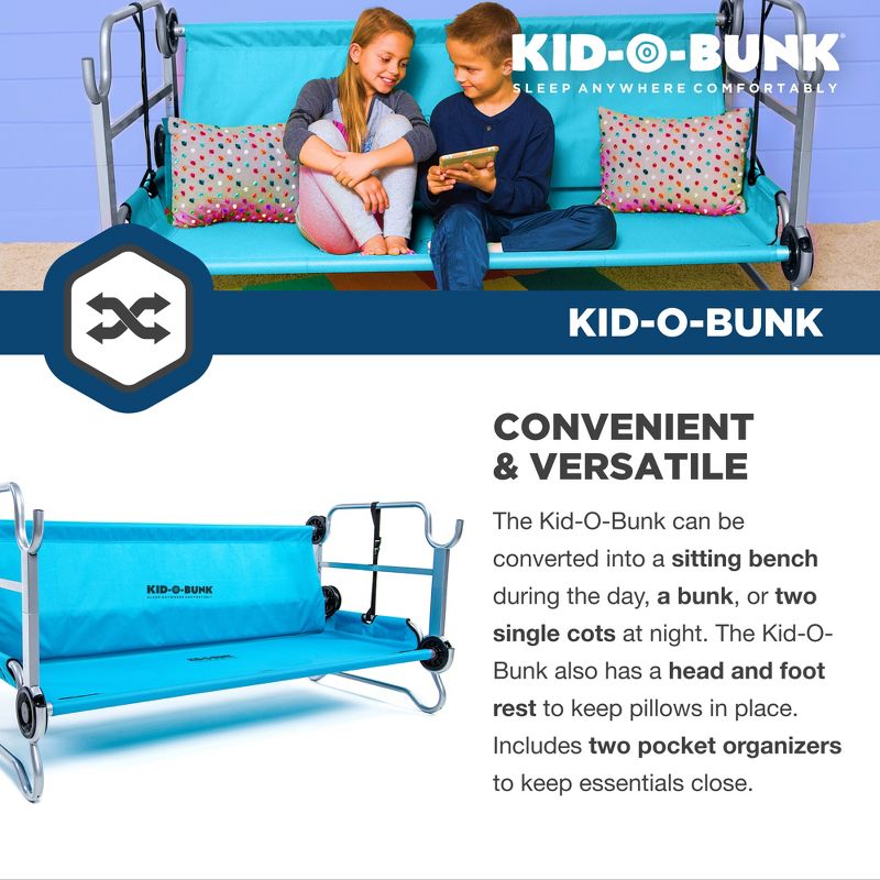 Disc-O-Bed Youth Kid-O-Bunk Portable Mobile Benchable Camping Double Cot Bed with Side Organizers and Rounded Steel Frame, Teal Blue, 3 of 7