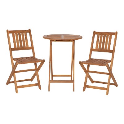 Image of Wooden bistro patio set with round table and two wooden chairs