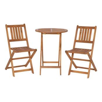 Merrick Lane Three Piece Solid Acacia Wood Folding Patio Bistro Set with Lightweight Round Table and Two Chairs, Natural