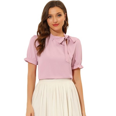 INSPIRE CHIC Women's Bow Tie Neck Solid Color Elastic Cuffs Elegant Office Short Sleeve Blouse