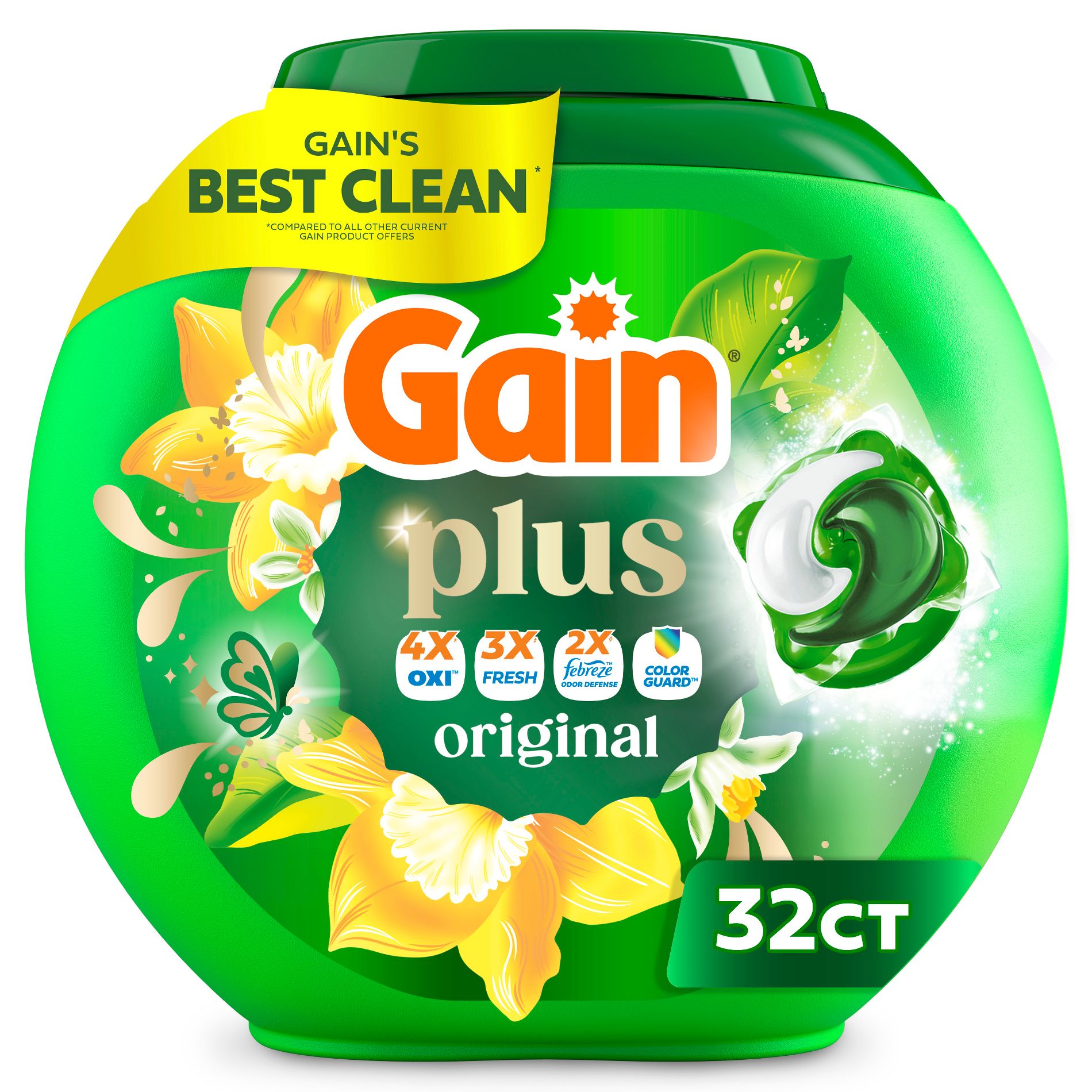 Gain Original Super Flings Plus Laundry Detergents - 32ct: Plastic Tub, Odor Control, Cold Water Detergent, Child-Resistant Packaging