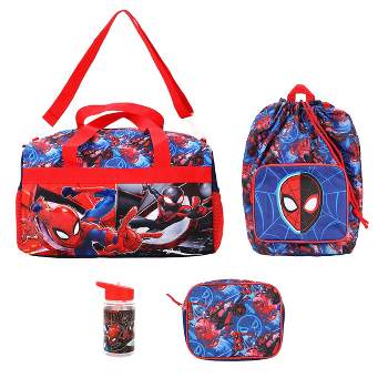 Spider-Man 4-Piece Duffel, Drawstring Backpack, Water Bottle and Utility Case Blue Youth Duffle Bag Set