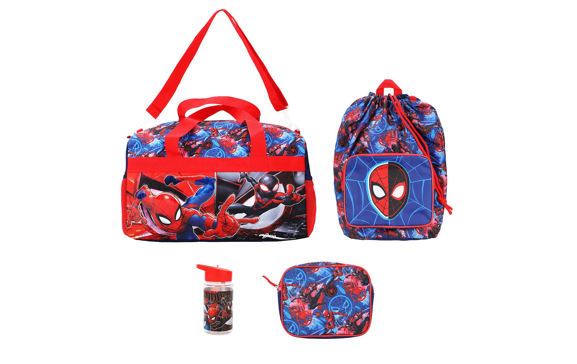 Spider-Man 4-Piece Duffel, Drawstring Backpack, Water Bottle and Utility Case Blue Youth Duffle Bag Set