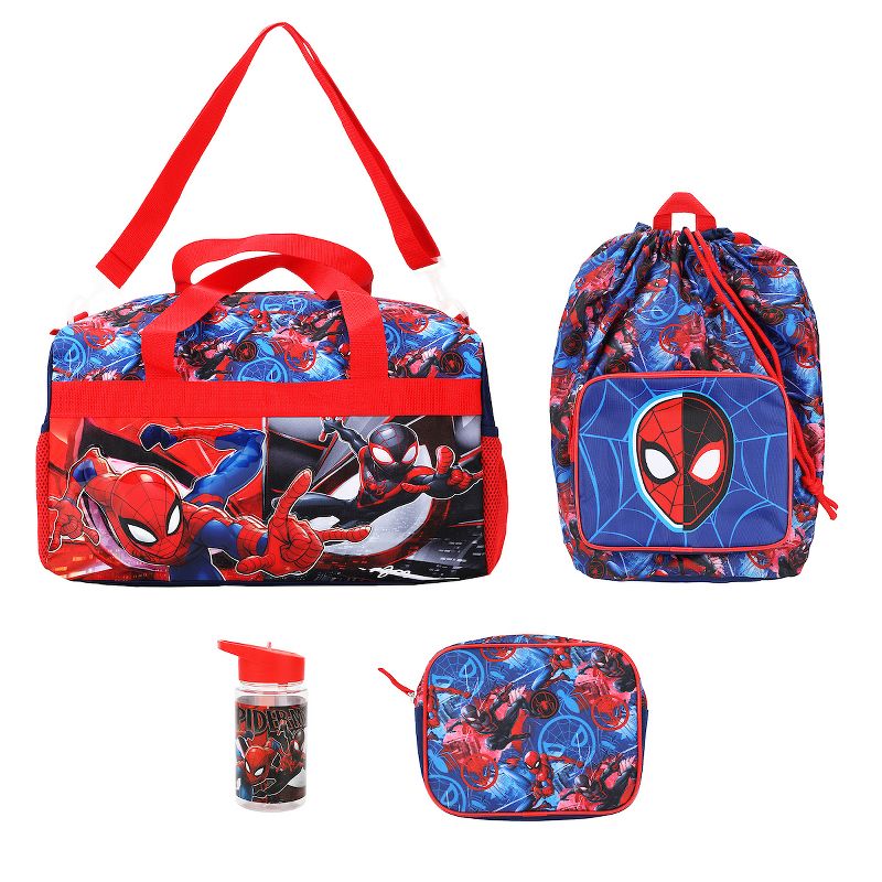 Spider-Man 4-Piece Duffel, Drawstring Backpack, Water Bottle and Utility Case Blue Youth Duffle Bag Set, 1 of 7