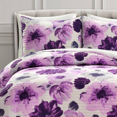 Full Gray and Purple Reversible Microfiber Floral Quilt Set