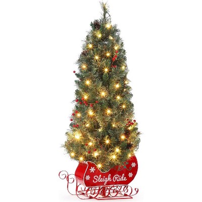 Pre-Lit Tabletop Christmas Tree, Artificial, 8 Modes, Red Berries, Sleigh Base, Desktop Holiday Decor for Home/Office