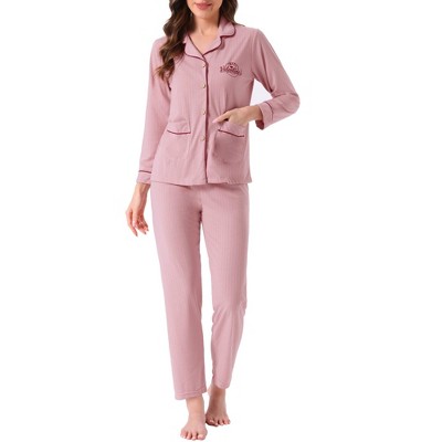 INSPIRE CHIC Women's Lounge Set Cotton Ribbed Button Up Long Sleeve Pants Pattern with Pocket Pajama Set Loungewear