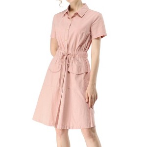 INSPIRE CHIC Women's Point Collar Front Elastic Waist Drawstring Mini Shirt Dress with Pocket - 1 of 4