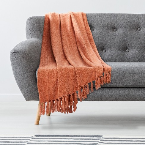 Americanflat Chenille Throw Blanket in Peach Breathable Polyester with Decorative Fringe Wrinkle and Fade Resistant 50