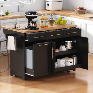 LOVSON 59.3''kitchen island with two pull-out cabinets, storage shelves, trash bin and power outlet, suitable for kitchens and dining rooms, black - 1 of 4