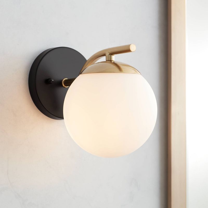 Possini Euro Design Kamara Mid Century Modern Wall Light Sconce Soft Gold Black Hardwire 6" Fixture Frosted White Globe Glass Shade for Bedroom Vanity, 2 of 10