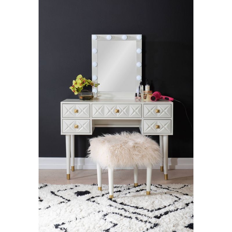 Geo Solid Wood 5 Drawer Lighted Vanity and Fluffy Upholstery Stool Set White/Gold Finished - Linon, 2 of 14