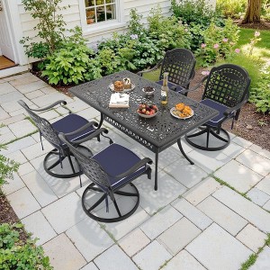 5-Piece Outdoor Dining Set, Cast Aluminum Rectangle Table with Swivel Chairs, Blue Cushions, Umbrella Hole - 1 of 4