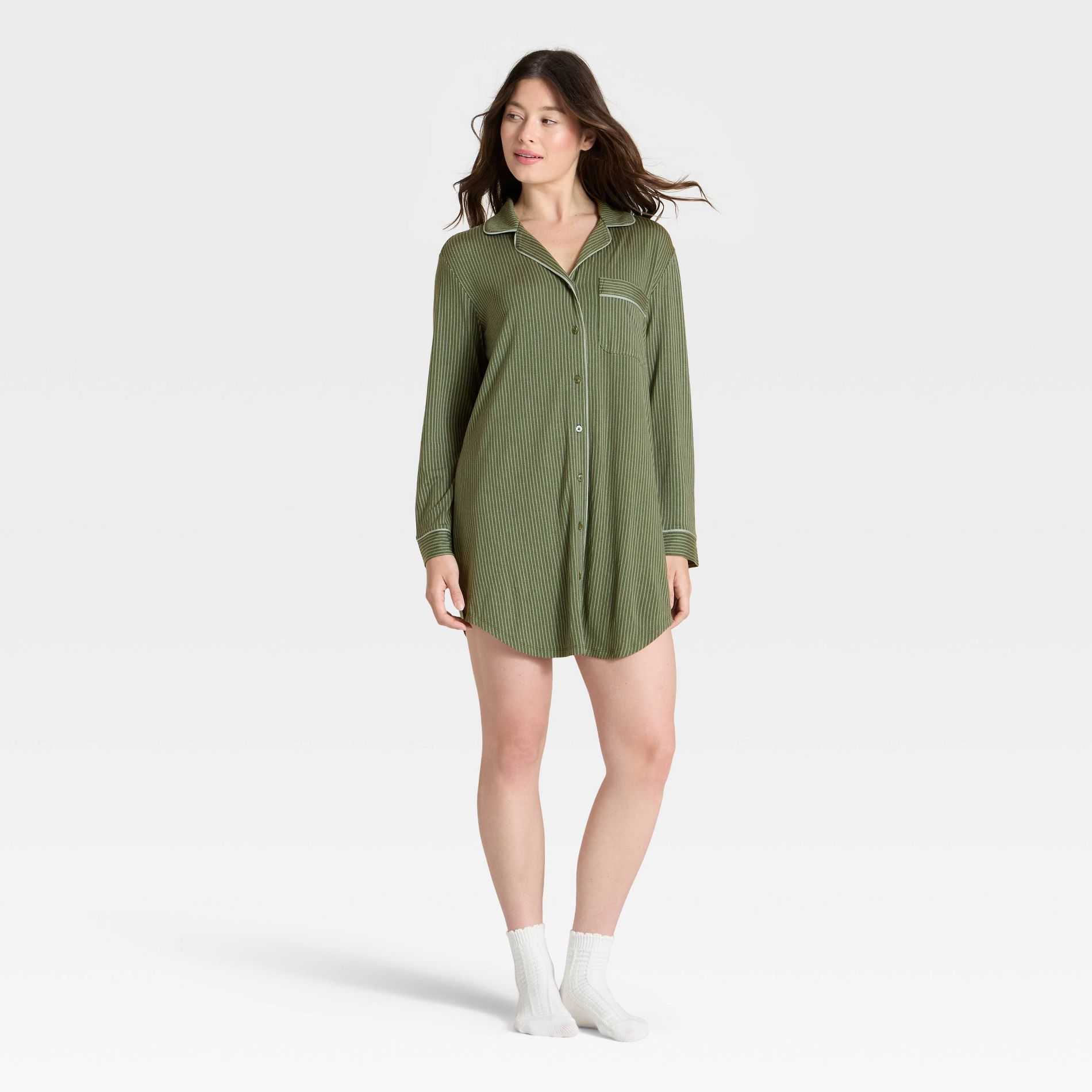 Women's Cloud Knit Notch Collar Long Sleeve Nightgown - Auden™ Olive Green M