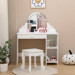 Kids Vanity with Lighted Mirror & Stool, Little Girls Vanity with Adjustable LED Light, Storage Drawer & Shelves for Girls 3-9 - 1 of 4
