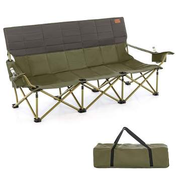 Costway 3 Person Folding Camping Chair Heavy-Duty Camp Couch with 2 Cup Holders Padding Blue/Green