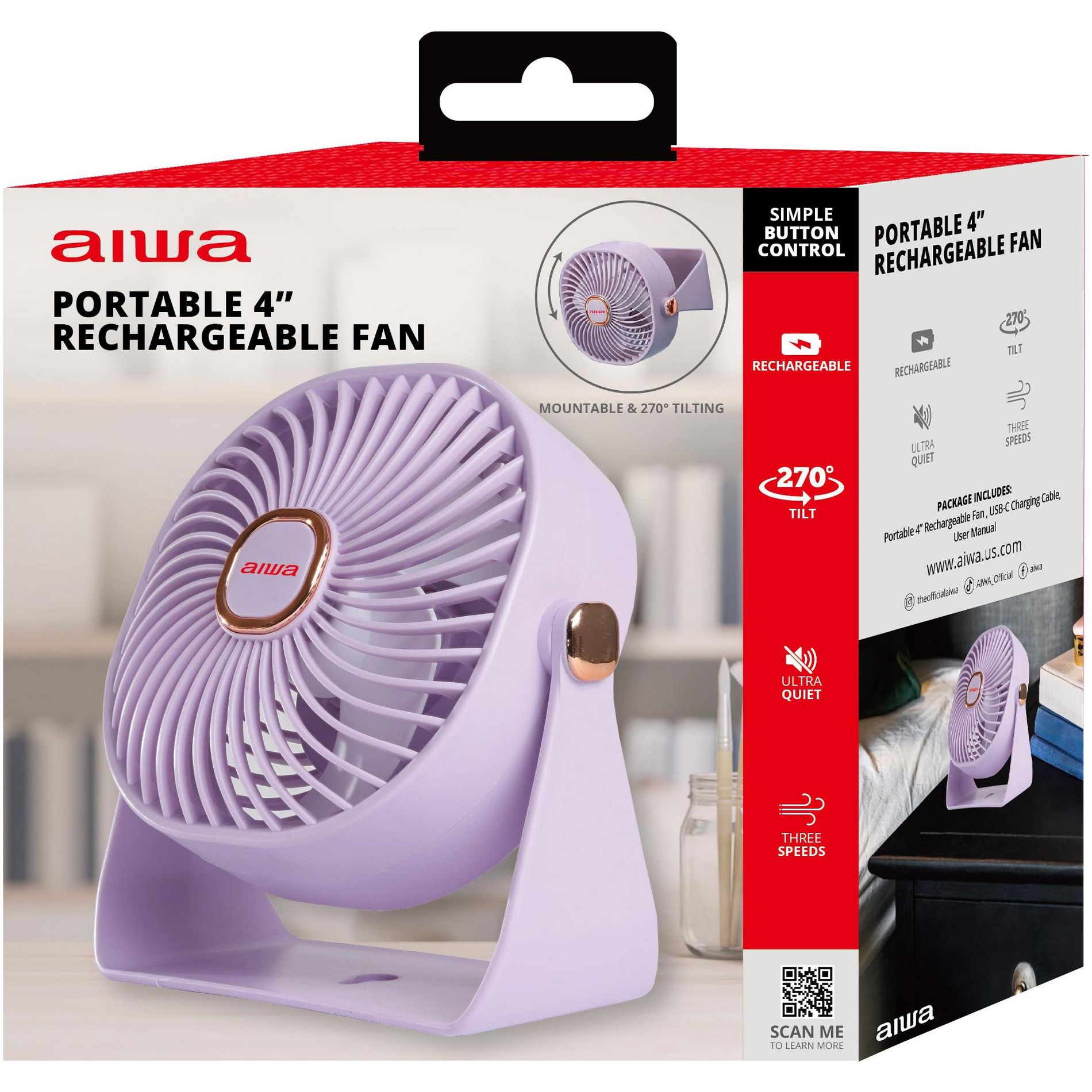 Aiwa 4 Inch Desk Fan, USB-C Rechargeable Mini Fan with 3 Speeds and 270-Degree Rotation, White