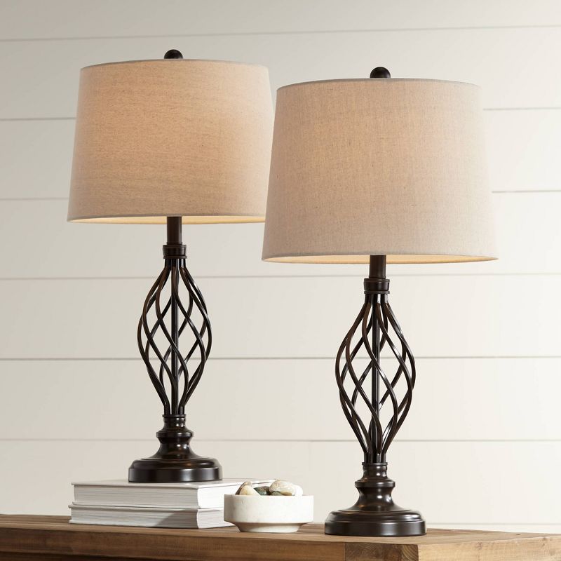 Franklin Iron Works Annie Modern Industrial Table Lamps 28" Tall Set of 2 Bronze Iron Cream Tapered Drum Shade for Bedroom Living Room Nightstand, 3 of 11